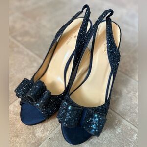 kate spade navy glitter bow slingback peep-toe heels